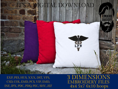 Machine Embroidery files, Medical Caduceus Symbol Silhouette with LPN for Licensed Practical Nurse Staff, dst, PES, xxx, hus & more