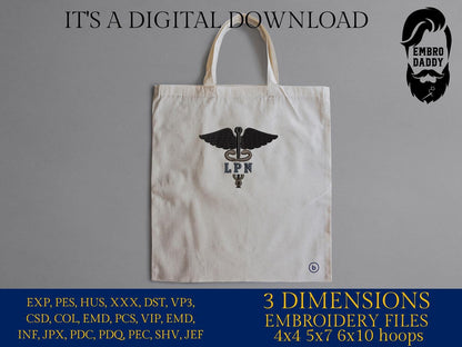 Machine Embroidery files, Medical Caduceus Symbol Silhouette with LPN for Licensed Practical Nurse Staff, dst, PES, xxx, hus & more