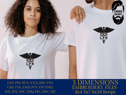 Machine Embroidery files, Medical Caduceus Symbol Silhouette with LPN for Licensed Practical Nurse Staff, dst, PES, xxx, hus & more