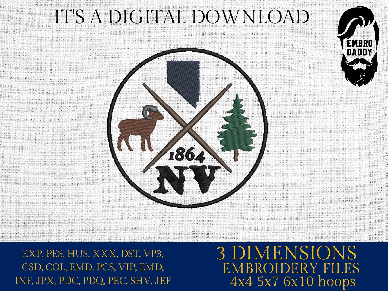 Machine Embroidery files, Nevada, est 1864, DST, PES, xxx hus & more