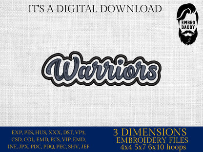 Machine Embroidery files, "Warriors" Team Mascot, Team Name, PES, xxx, hus & more
