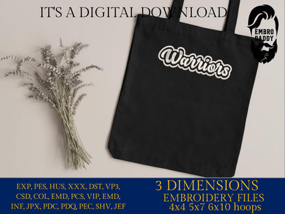 Machine Embroidery files, "Warriors" Team Mascot, Team Name, PES, xxx, hus & more