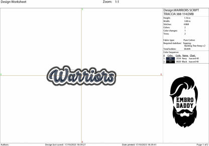 Machine Embroidery files, "Warriors" Team Mascot, Team Name, PES, xxx, hus & more