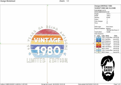 Machine Embroidery files, 1980, 45 year of being awesome, limited edition, birthday funny, PES, xxx, hus & more