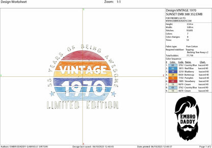 Machine Embroidery files, 1970, 55 year of being awesome, limited edition, birthday funny, PES, xxx, hus & more