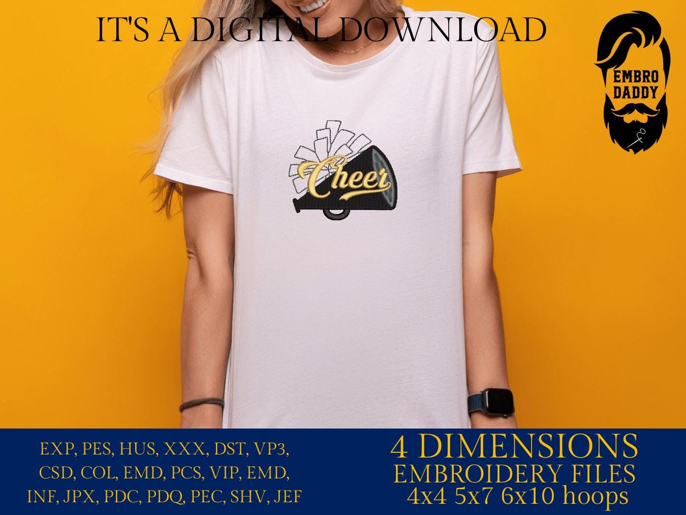 Machine Embroidery files, Black Cheerleader Megaphone with Pom Pom Outline with Word Cheer, Cheerleading , PES, dst, xxx, hus & more