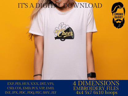 Machine Embroidery files, Black Cheerleader Megaphone with Pom Pom Outline with Word Cheer, Cheerleading , PES, dst, xxx, hus & more