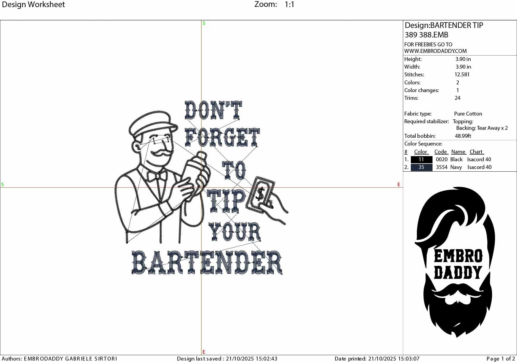 Machine Embroidery files, Don't forget to tip your bartender, DST, PES, xxx, hus & more