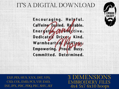 Machine Embroidery files, Band Mom words, Band for Choir Mom, my kid plays music, PES, xxx, dst, hus & more