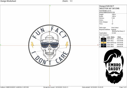 Machine Embroidery files, Fun Fact I Don't Care, Skull Funny Adult Humor Sarcastic Trendy Offensive Sarcasm, PES, DST, xxx, hus & more