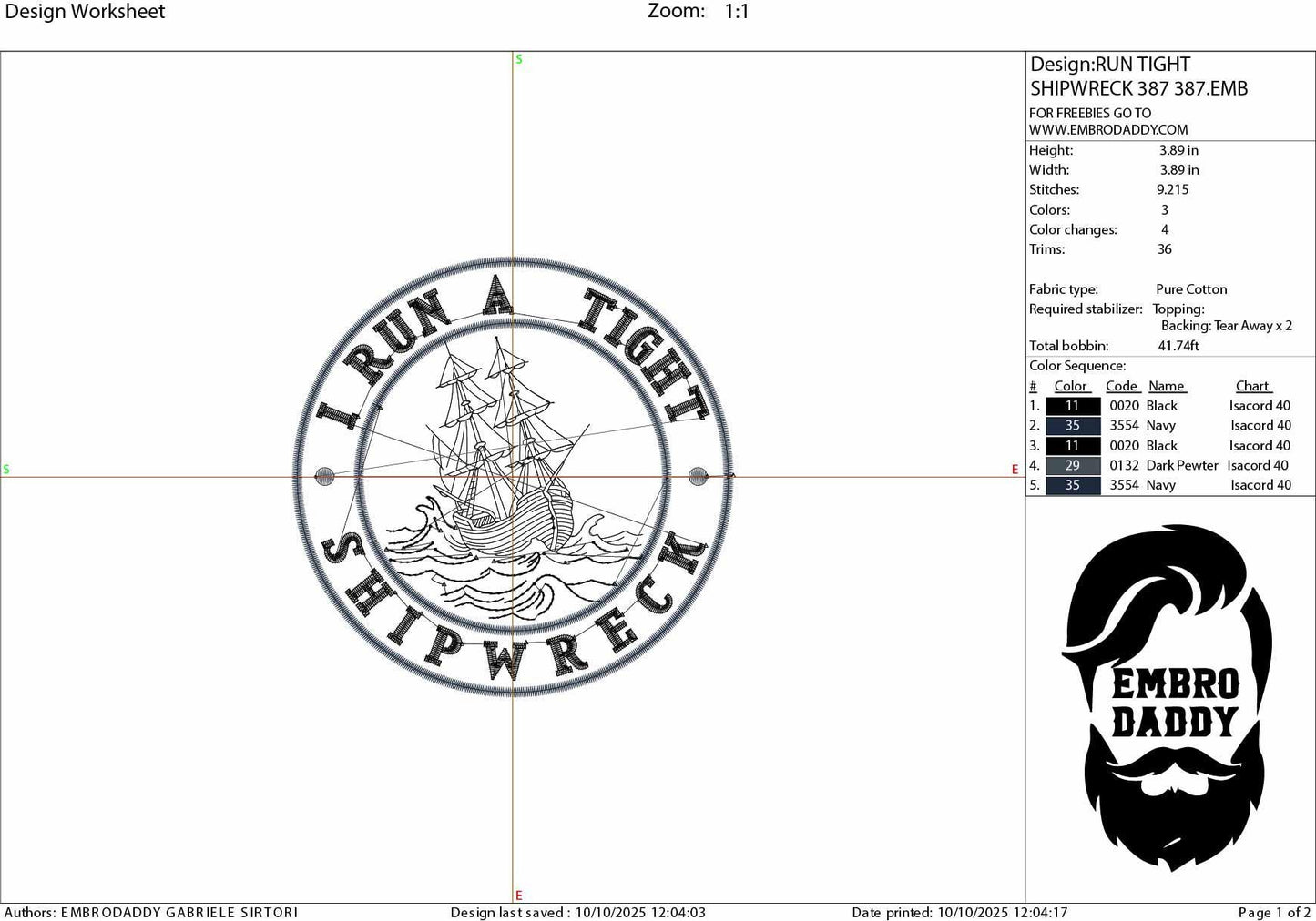 Machine Embroidery files, I Run a Tight Shipwreck, Funny, Shipwreck, Mental Health Awareness, PES, DST, xxx, hus & more