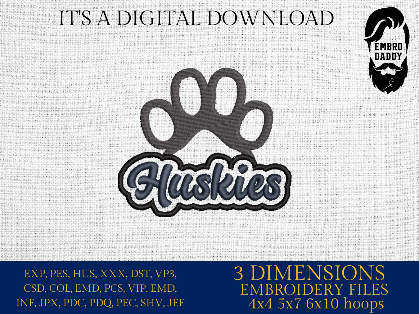 Machine Embroidery files, "Huskies" Team Mascot, Team Name, PES, xxx, hus & more