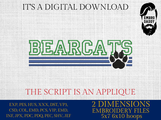 Machine Embroidery files, Bearcats appliqué, sport, PES, xxx, hus & more, fan embroidery files