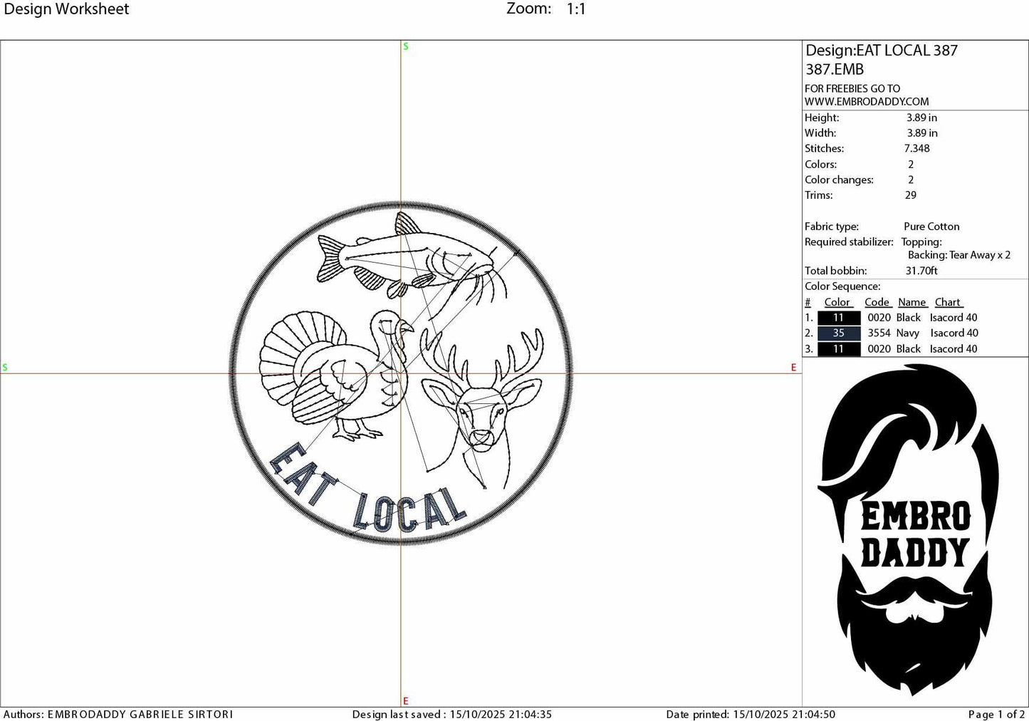 Machine Embroidery files, Eat Local, Hunting and Fishing, Deer, Turkey and Catfish, Outdoorsman, PES, xxx, hus & more