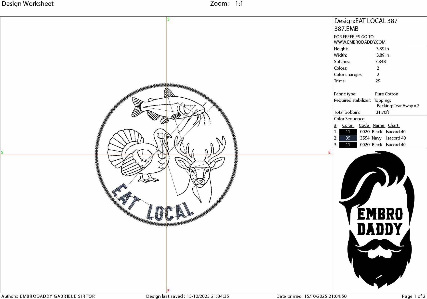 Machine Embroidery files, Eat Local, Hunting and Fishing, Deer, Turkey and Catfish, Outdoorsman, PES, xxx, hus & more