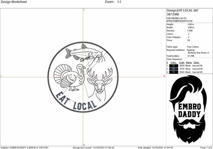 Machine Embroidery files, Eat Local, Hunting and Fishing, Deer, Turkey and Catfish, Outdoorsman, PES, xxx, hus & more