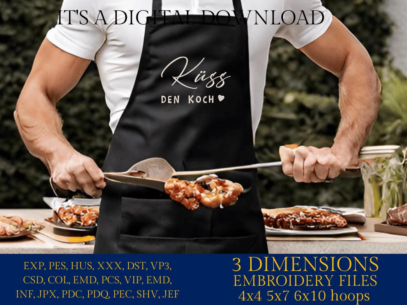 Machine Embroidery files, Küss den koch, German cooking saying, PES, xxx, hus & more