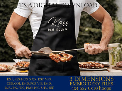 Machine Embroidery files, Küss den koch, German cooking saying, PES, xxx, hus & more