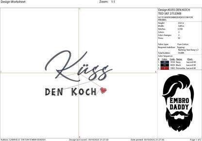Machine Embroidery files, Küss den koch, German cooking saying, PES, xxx, hus & more