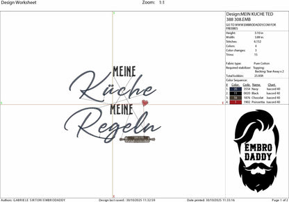 Machine Embroidery files, meine Küche meine regeln, German cooking saying, PES, xxx, hus & more