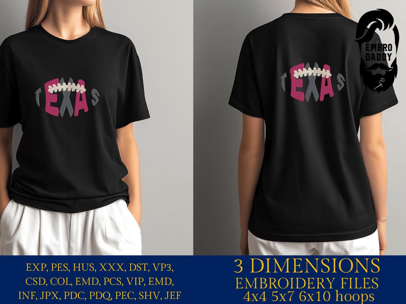 Machine Embroidery, Texas team embroidery design, football gift idea PES, xxx, hus & more, fan embroidery files