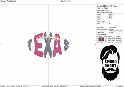 Machine Embroidery, Texas team embroidery design, football gift idea PES, xxx, hus & more, fan embroidery files