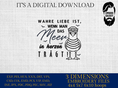 Machine Embroidery files, Wahre Liebe ist, wenn man das Meer im Herzen trägt!, German Nautical, PES, xxx, hus & more