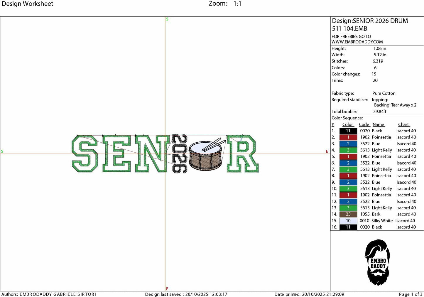 Machine Embroidery files, SENIOR in College Style with Year 2026 and Drum Sticks as Letter "O" applique, PES, DST, xxx, hus & more