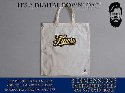 Machine Embroidery files, "Tigers" Team Name, Swoosh, PES, xxx, hus & more
