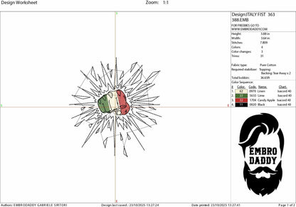 Machine Embroidery, Italy, Italian, Fist, Punch, Break Wall, Flag, Country, Nation, embroidery files, PES, xxx, hus & more