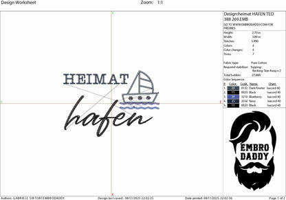 Machine Embroidery files, Heimat hafen, German Nautical, PES, xxx, hus & more