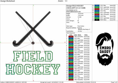 Machine Embroidery files, applique', Field Hockey Sticks, Ball Split, Players, sport, PES, xxx, hus & more