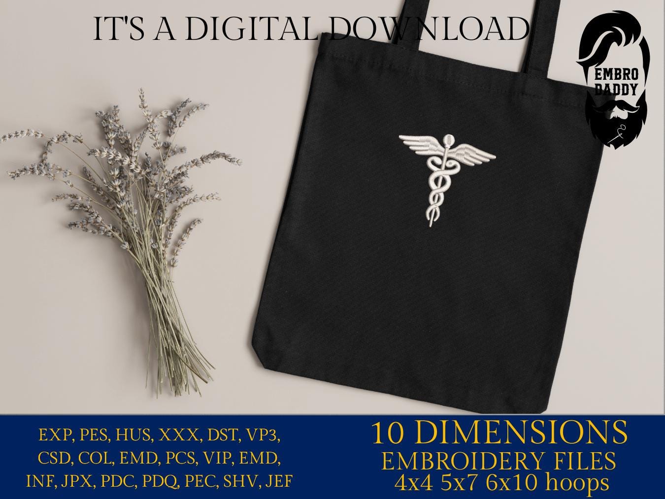 Machine Embroidery files, Medical Caduceus Symbol Silhouette, hospital, doctor, nurse, dst, PES, xxx, hus & more