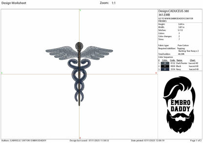 Machine Embroidery files, Medical Caduceus Symbol Silhouette, hospital, doctor, nurse, dst, PES, xxx, hus & more