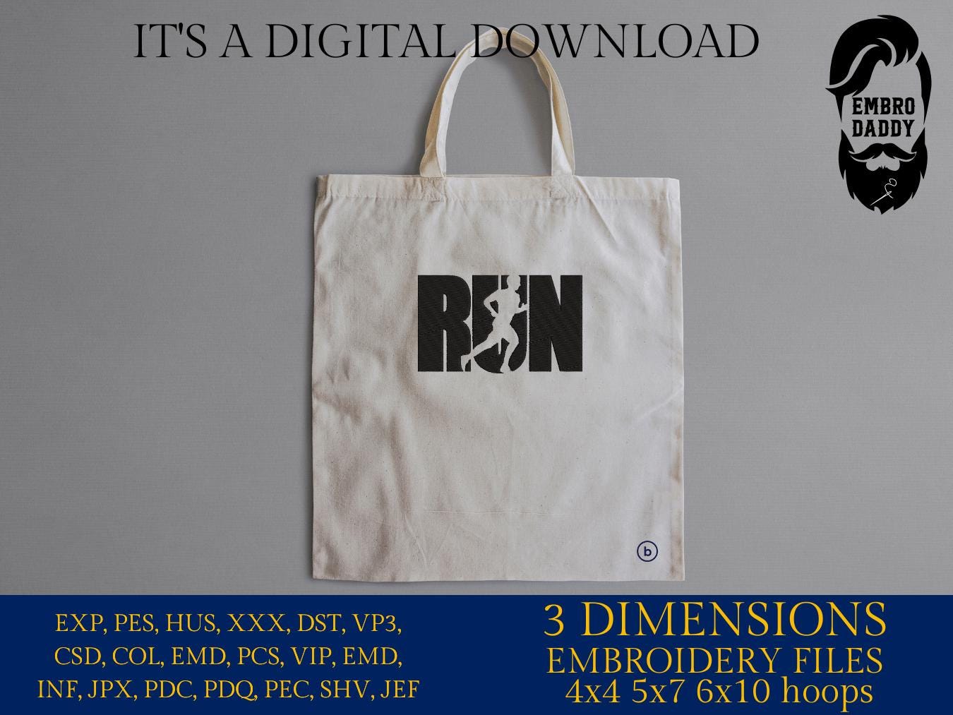Machine embroidery files, man run, running, Embroidery Pattern File in PES, DST, hus & more