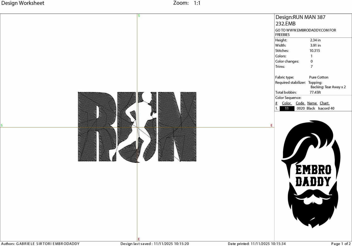 Machine embroidery files, man run, running, Embroidery Pattern File in PES, DST, hus & more
