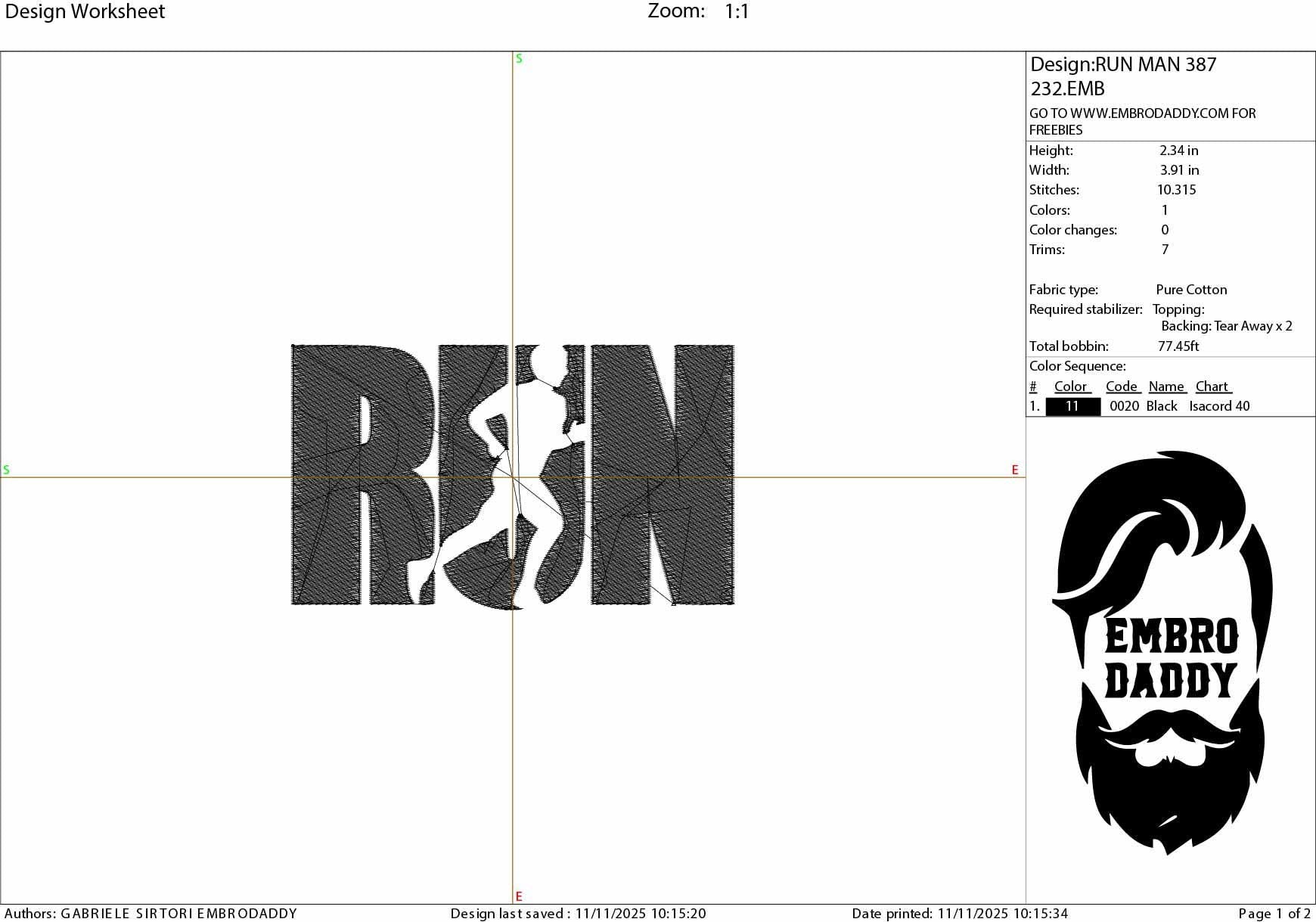 Machine embroidery files, man run, running, Embroidery Pattern File in PES, DST, hus & more