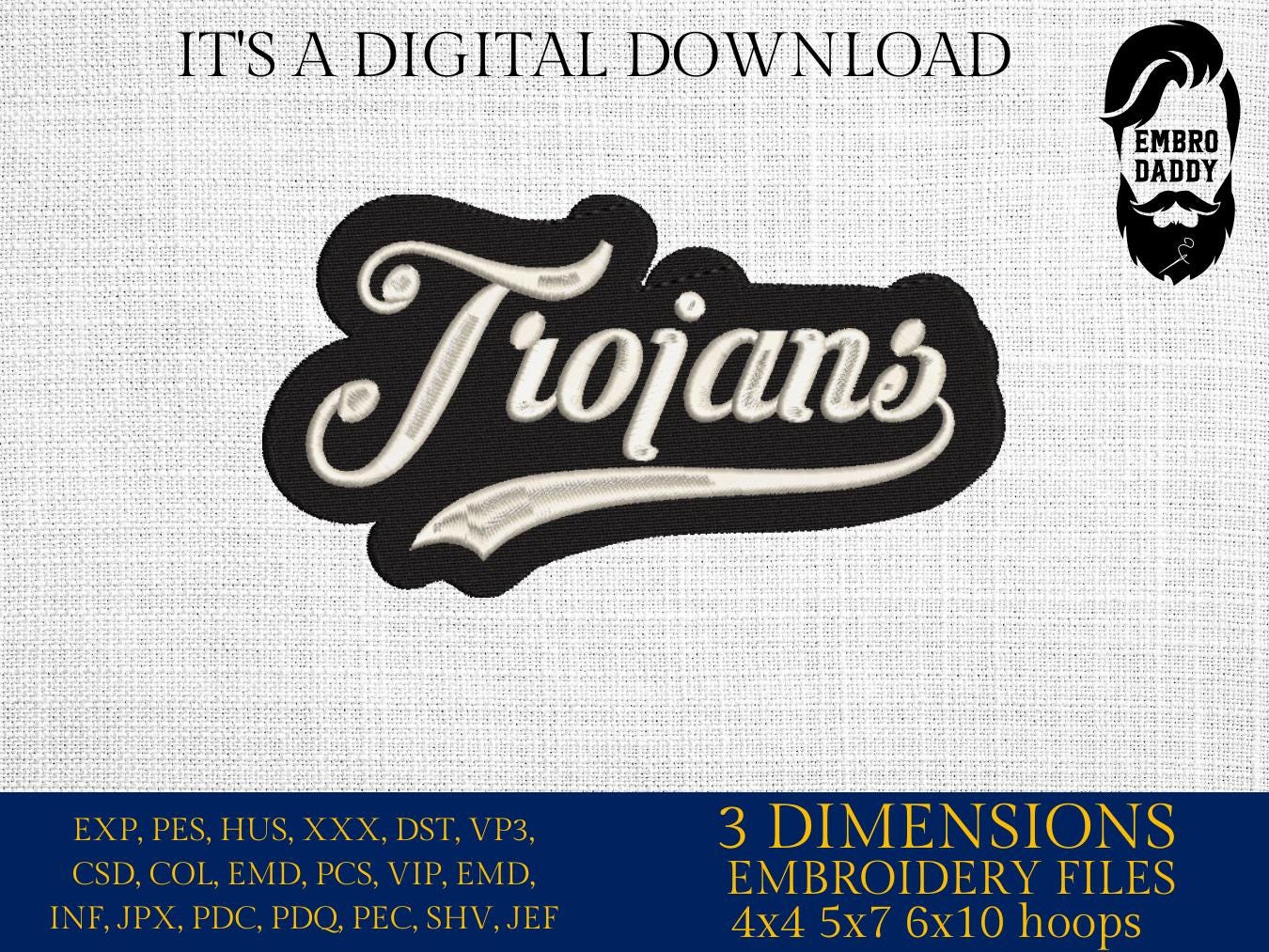 Machine Embroidery files, "Trojans" Team Name, Swoosh, PES, xxx, hus & more