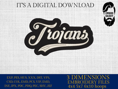 Machine Embroidery files, "Trojans" Team Name, Swoosh, PES, xxx, hus & more