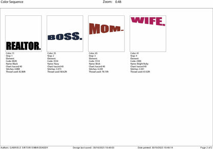 Machine Embroidery files, Wife, mom, boss, realtor, real estate AGENT, property asset PES, dst xxx, hus & more