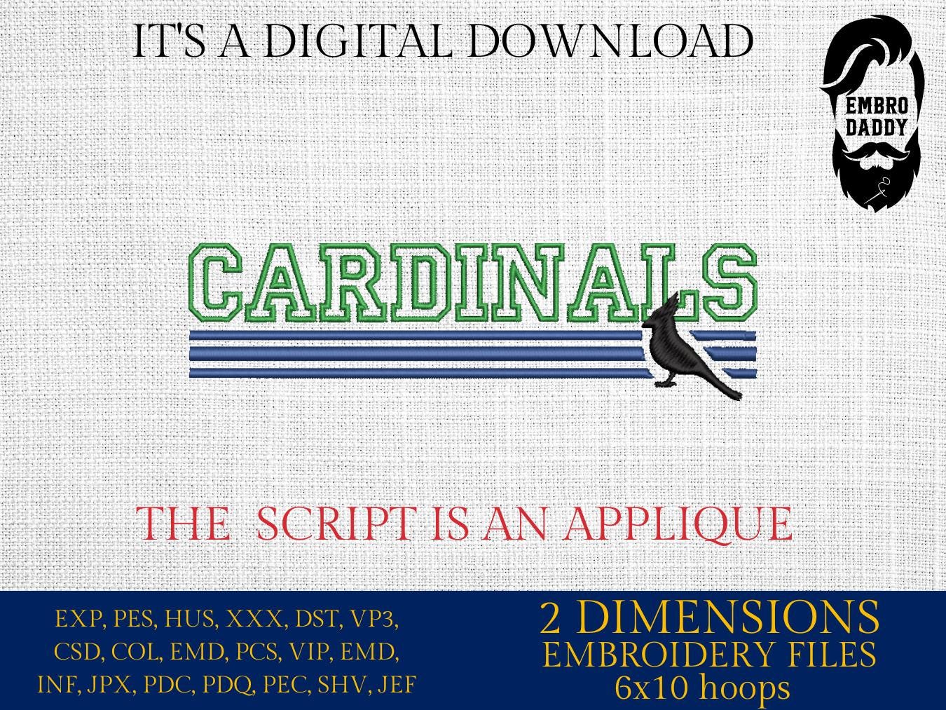 Machine Embroidery files, Cardinals appliqué, sport, PES, xxx, hus & more, fan embroidery files