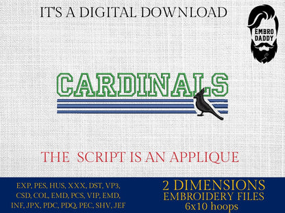 Machine Embroidery files, Cardinals appliqué, sport, PES, xxx, hus & more, fan embroidery files
