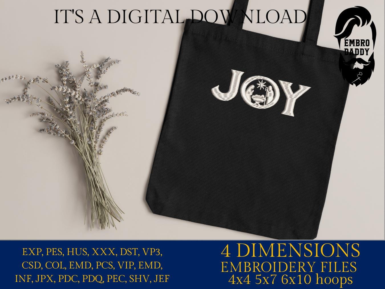 Machine Embroidery files, Joy, Baby Jesus Manger Scene Inside, Nativity, Christmas Theme, PES, DST, xxx, hus and more