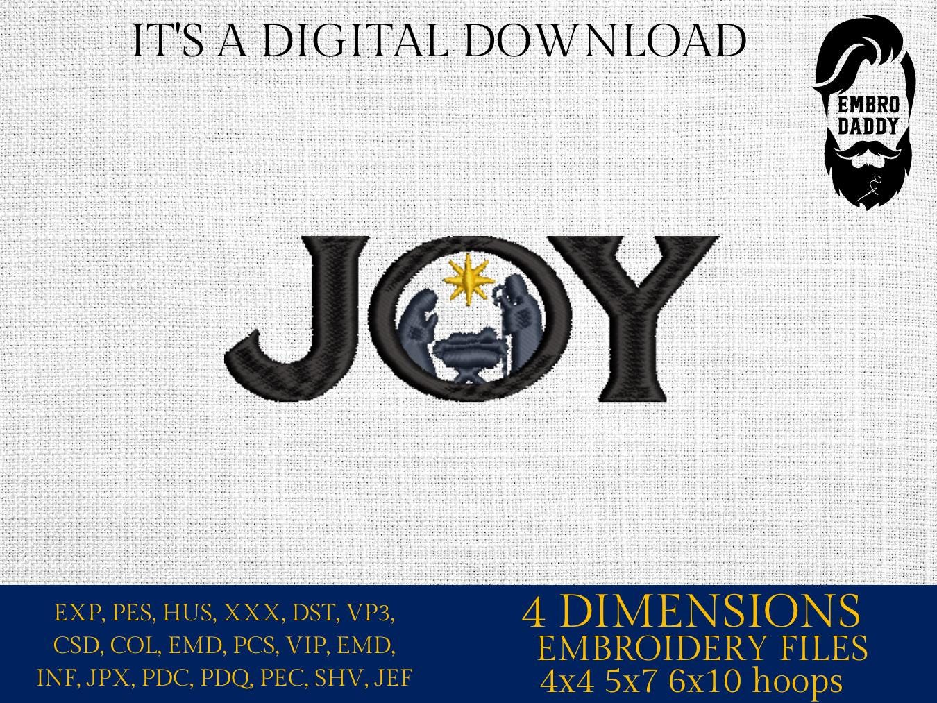 Machine Embroidery files, Joy, Baby Jesus Manger Scene Inside, Nativity, Christmas Theme, PES, DST, xxx, hus and more