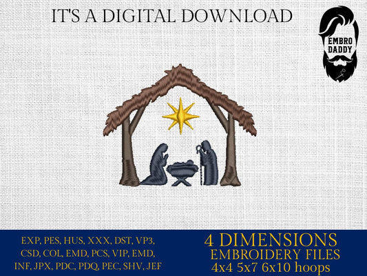 Machine Embroidery files, Baby Jesus Manger Scene Inside, Nativity, Christmas Theme, Mary, Joseph, North Star PES, DST, xxx, hus and more