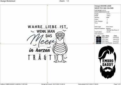 Machine Embroidery files, Wahre Liebe ist, wenn man das Meer im Herzen trägt!, German Nautical, PES, xxx, hus & more