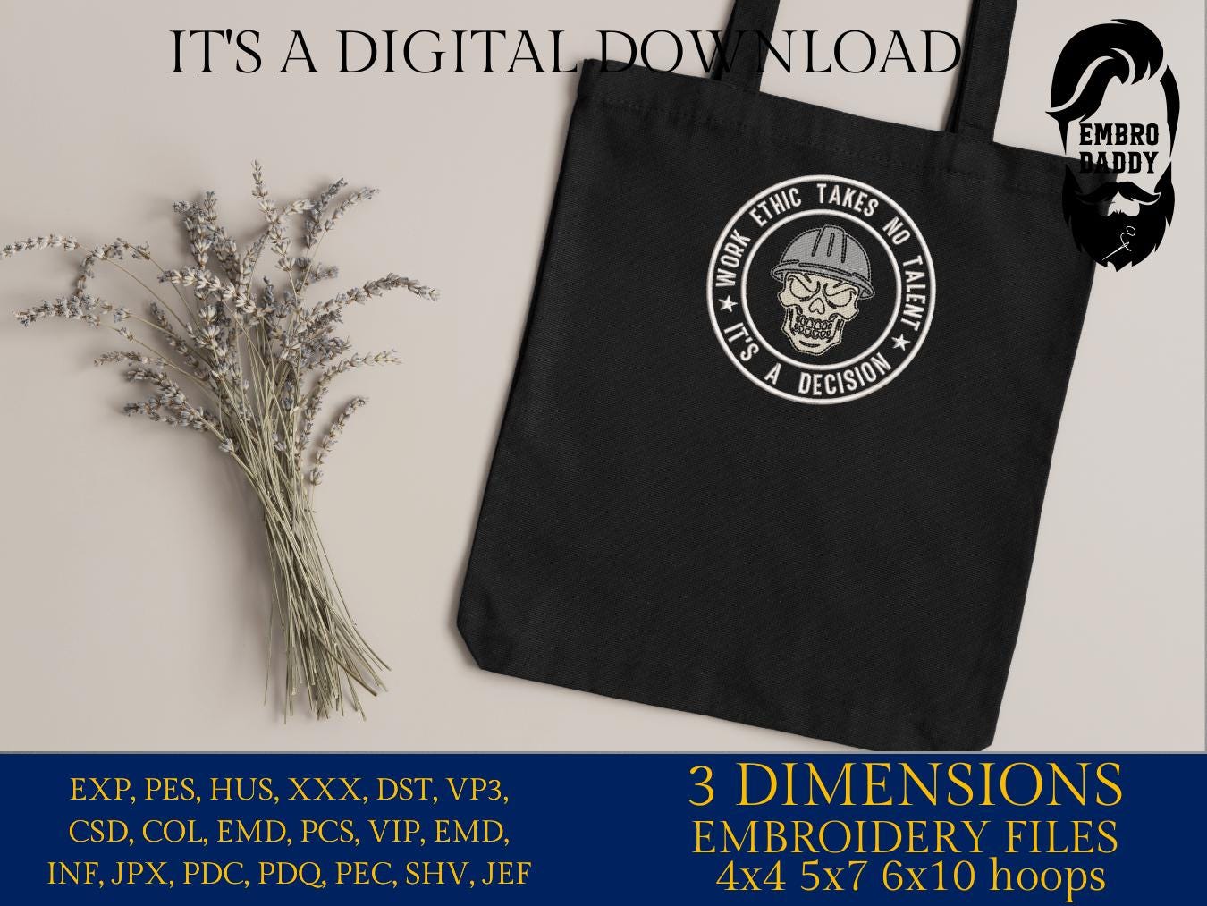 Machine Embroidery files, Work Ethic Takes No Talent, Skull Hard Hat Construction Worker, Motivational PES, DST, xxx, hus and more