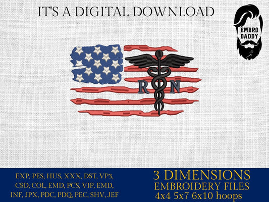 Machine Embroidery files, Registered Nurse, caduceus, Usa flag, medical symbol, PES, DST, hus & more