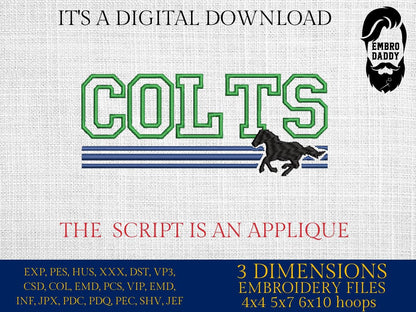 Machine Embroidery files, Colts appliqué, sport, PES, dst, xxx, hus & more
