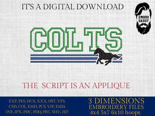 Machine Embroidery files, Colts appliqué, sport, PES, dst, xxx, hus & more